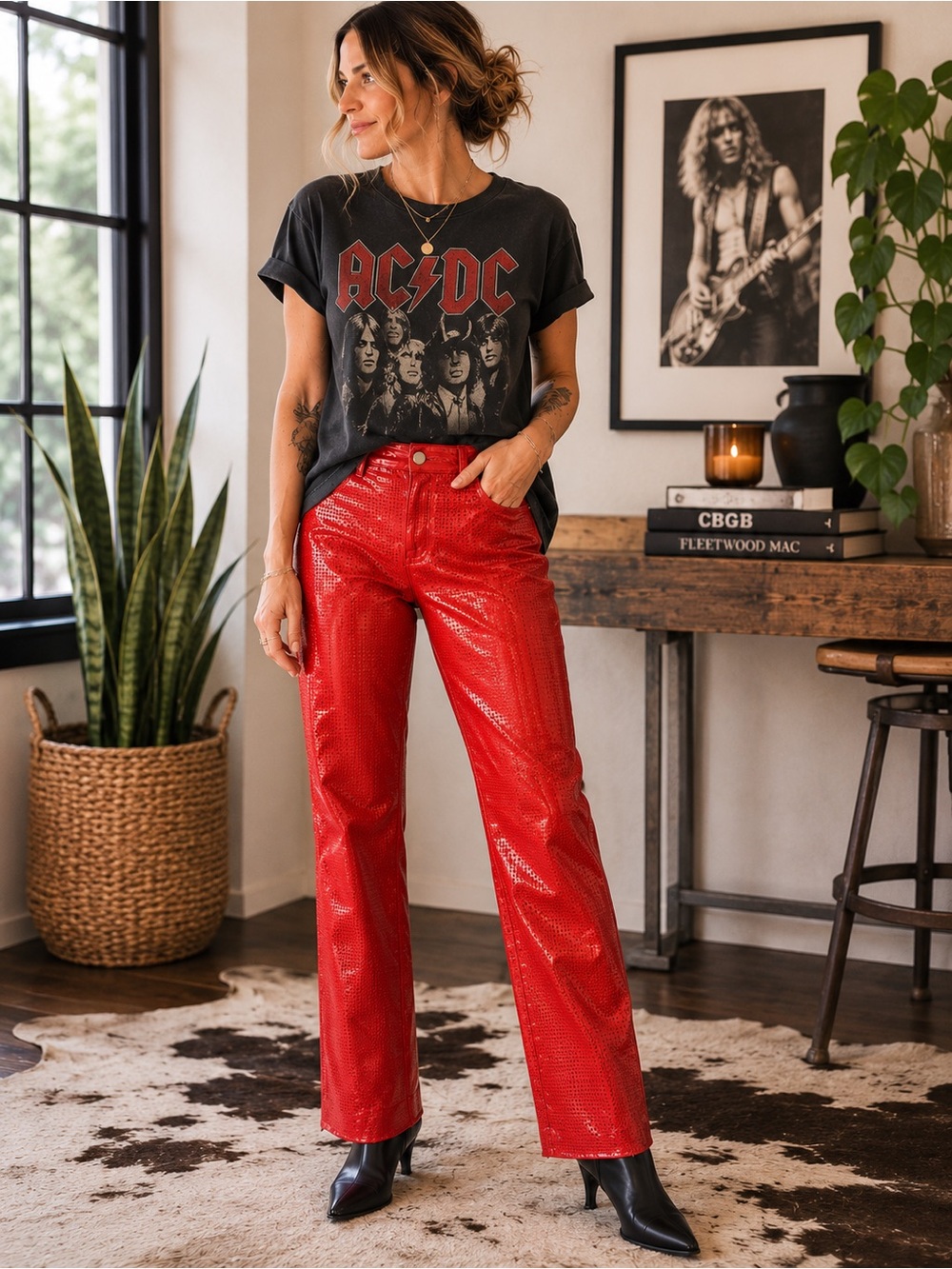 Folio Saks Fifth Avenue Red Leather Pants Size 12 Perforated Straight Leg